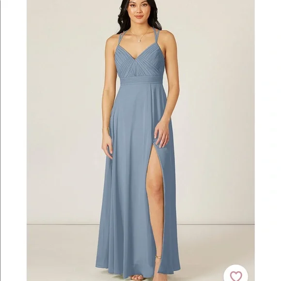 slim fit dress slacks Berylove Women Grey Blue Pleated Bridesmaid Dress with Slit A Line Halter Backless Maxi Wedding Guest Dress, Grey Blue / US6